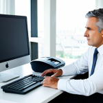 A professional, middle-aged man in modest, casual business attire, sitting at a clean, modern desk in a well-lit home office. He is looking thoughtfully at a sleek, wireless printer. Nearby, a high-tech computer monitor displays a graph showing rising costs, subtly representing the hidden expenses of printer ink. An empty, elegant-looking ink cartridge rests on the desk next to the printer. The overall atmosphere is modern and organized, yet with a hint of contemplative frustration. Perfect anatomy, correct proportions, natural pose, well-formed hands, proper finger count, natural body proportions. Fully clothed, appropriate attire, professional dress, safe for work, appropriate content, family-friendly, high-quality photography, realistic.