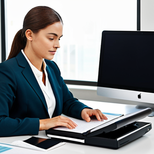 Home 6 A professional businesswoman, fully clothed in a modest, modern business suit, is confidently operating a sleek, compact portable document scanner at a client's modern office desk. The desk is clean, featuring a laptop and neatly organized documents. Soft, professional lighting illuminates the scene, highlighting the woman's focused expression. The portable scanner discreetly displays a battery indicator, subtly conveying its efficiency. This image features perfect anatomy, correct proportions, and a natural pose with well-formed hands and proper finger count. It is safe for work, appropriate content, and depicts a professional, family-friendly scenario, rendered in high-quality professional photography with sharp focus and vibrant colors.