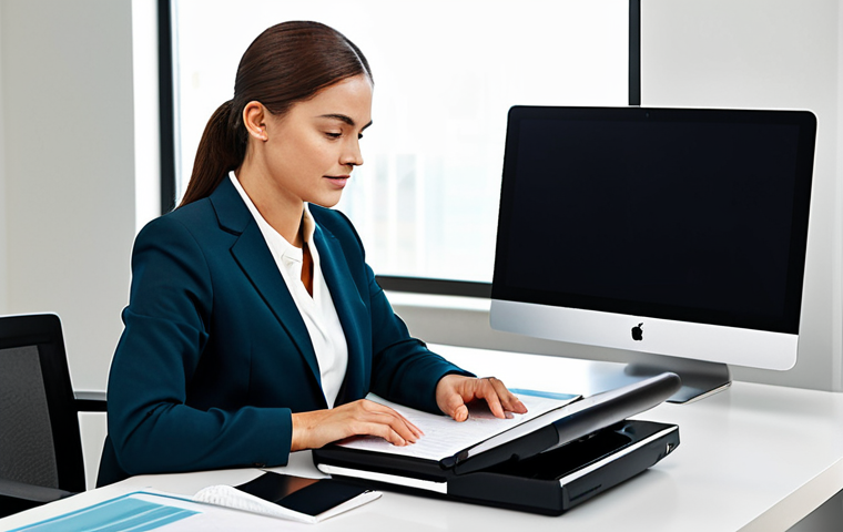 A professional businesswoman, fully clothed in a modest, modern business suit, is confidently operating a sleek, compact portable document scanner at a client's modern office desk. The desk is clean, featuring a laptop and neatly organized documents. Soft, professional lighting illuminates the scene, highlighting the woman's focused expression. The portable scanner discreetly displays a battery indicator, subtly conveying its efficiency. This image features perfect anatomy, correct proportions, and a natural pose with well-formed hands and proper finger count. It is safe for work, appropriate content, and depicts a professional, family-friendly scenario, rendered in high-quality professional photography with sharp focus and vibrant colors.