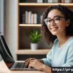 Home 22 웹캠의 자동 초점과 수동 초점 차이 - A modern home office setup featuring a sleek webcam with autofocus on a desktop computer, a young pr...