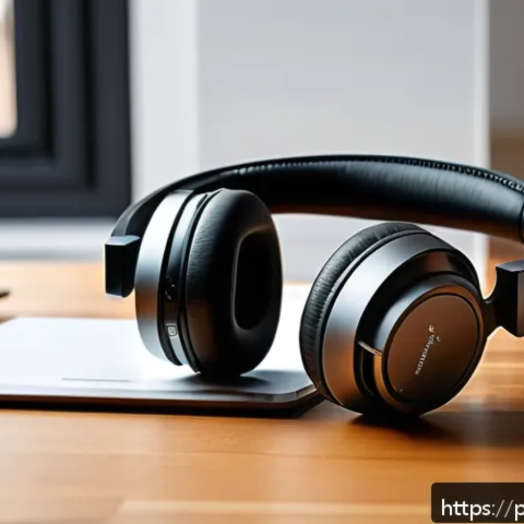 헤드셋의 인체공학적 디자인 분석 - A sleek, modern headset resting on a wooden desk in a bright, cozy home office setting. The headset ...