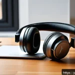 Home 18 헤드셋의 인체공학적 디자인 분석 - A sleek, modern headset resting on a wooden desk in a bright, cozy home office setting. The headset ...