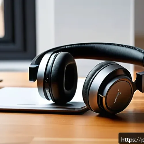 Home 30 헤드셋의 인체공학적 디자인 분석 - A sleek, modern headset resting on a wooden desk in a bright, cozy home office setting. The headset ...