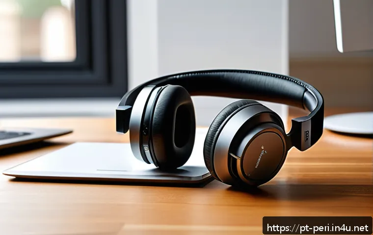 헤드셋의 인체공학적 디자인 분석 - A sleek, modern headset resting on a wooden desk in a bright, cozy home office setting. The headset ...