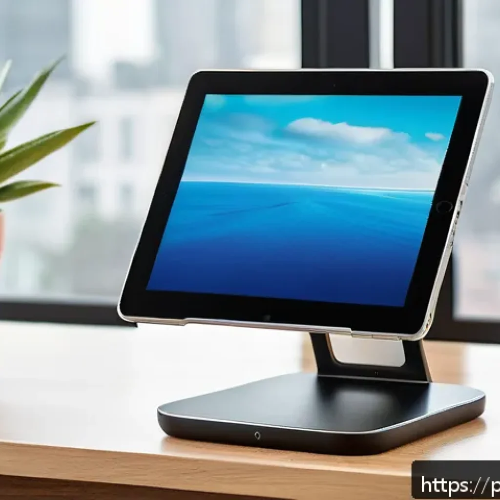 스마트폰 거치대와 태블릿 거치대 비교 - A modern, sleek adjustable tablet stand made of brushed aluminum with rubberized base for stability,...