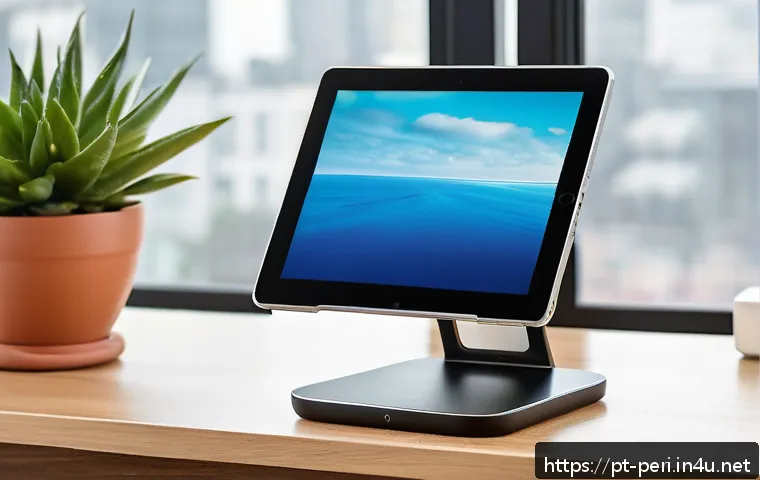 스마트폰 거치대와 태블릿 거치대 비교 - A modern, sleek adjustable tablet stand made of brushed aluminum with rubberized base for stability,...