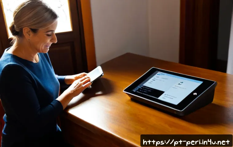 무선 프린터의 펌웨어 업데이트 방법 - Photorealistic home office scene in Portugal, a middle-aged woman using a tablet to initiate a wirel...